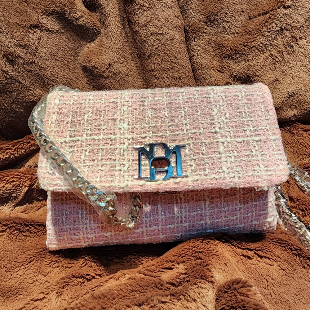 Badgley Mischka Pink Shoulder Bag with Chain Strap TWEED Fabric